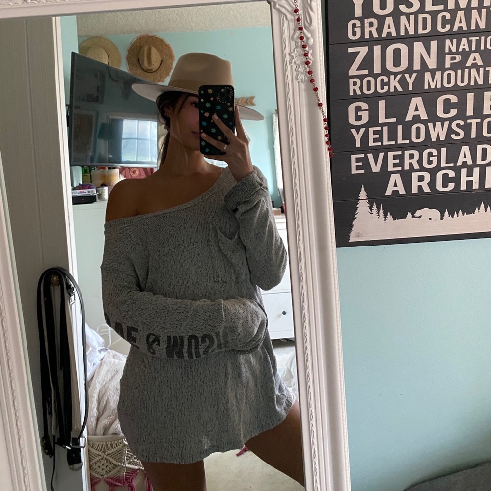 Grey Off The Shoulder Long Sleeves Knit Sweater